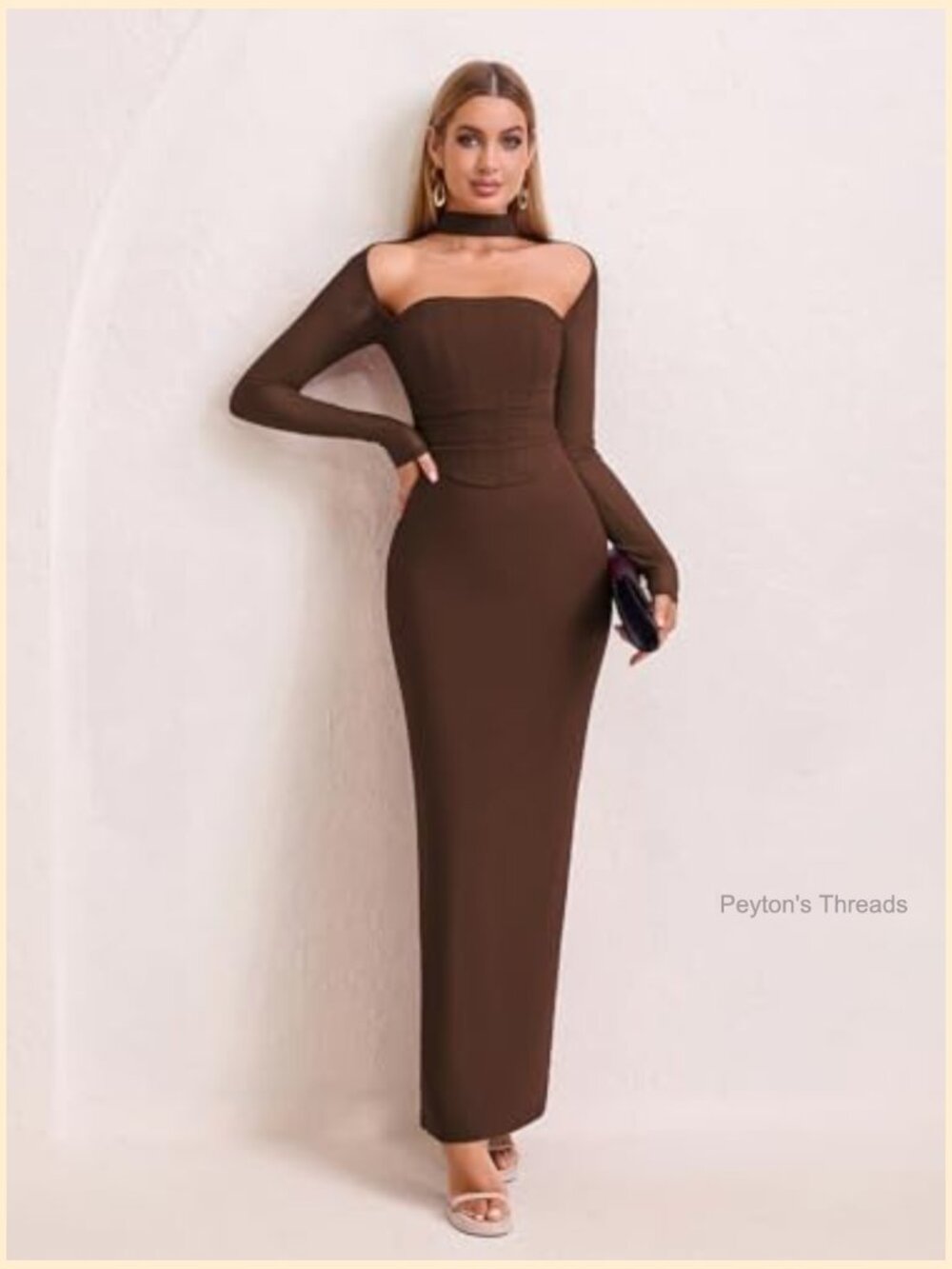 Long Sleeve Bodycon Maxi Dress Halter Neck Ruched Formal Wedding Guest - Picture 4 of 5